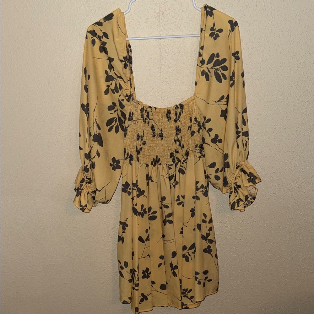 Square-Neck Floral Smocked Mini Dress in Mustard